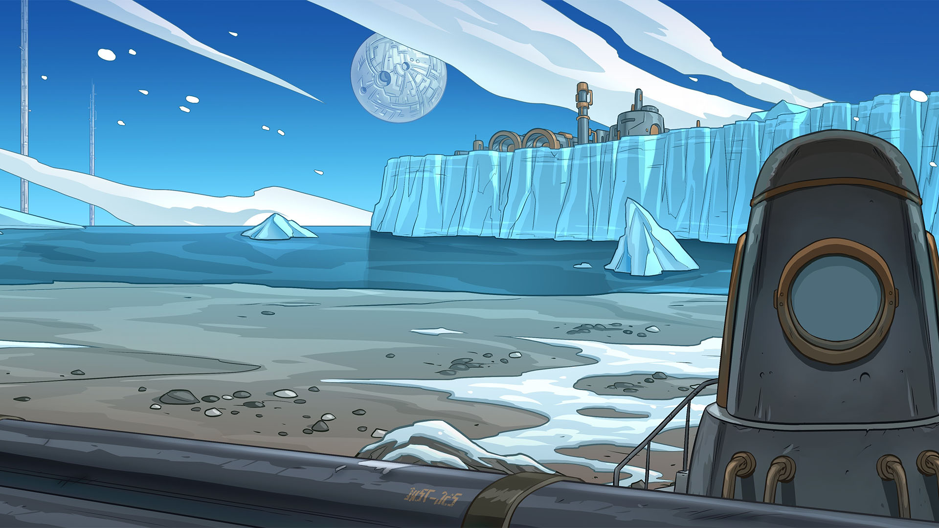 The Earth background for the BattlePlan! Game. Snowy shores with iron piping and iceburgs in the distance.