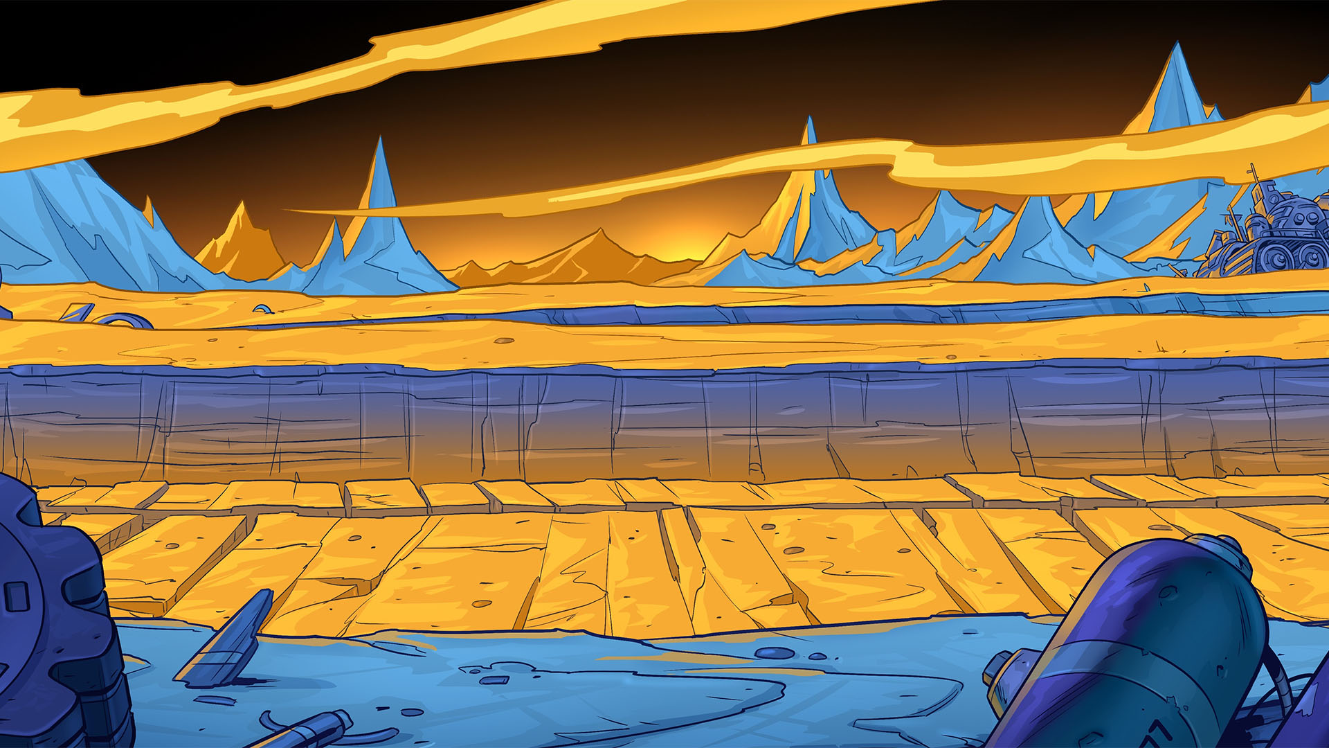 The Mercury background for the BattlePlan! Game. Blue stone clashes with yellow dirt in a planet of extreme temperatures, which we see from the terminus of light and dark.