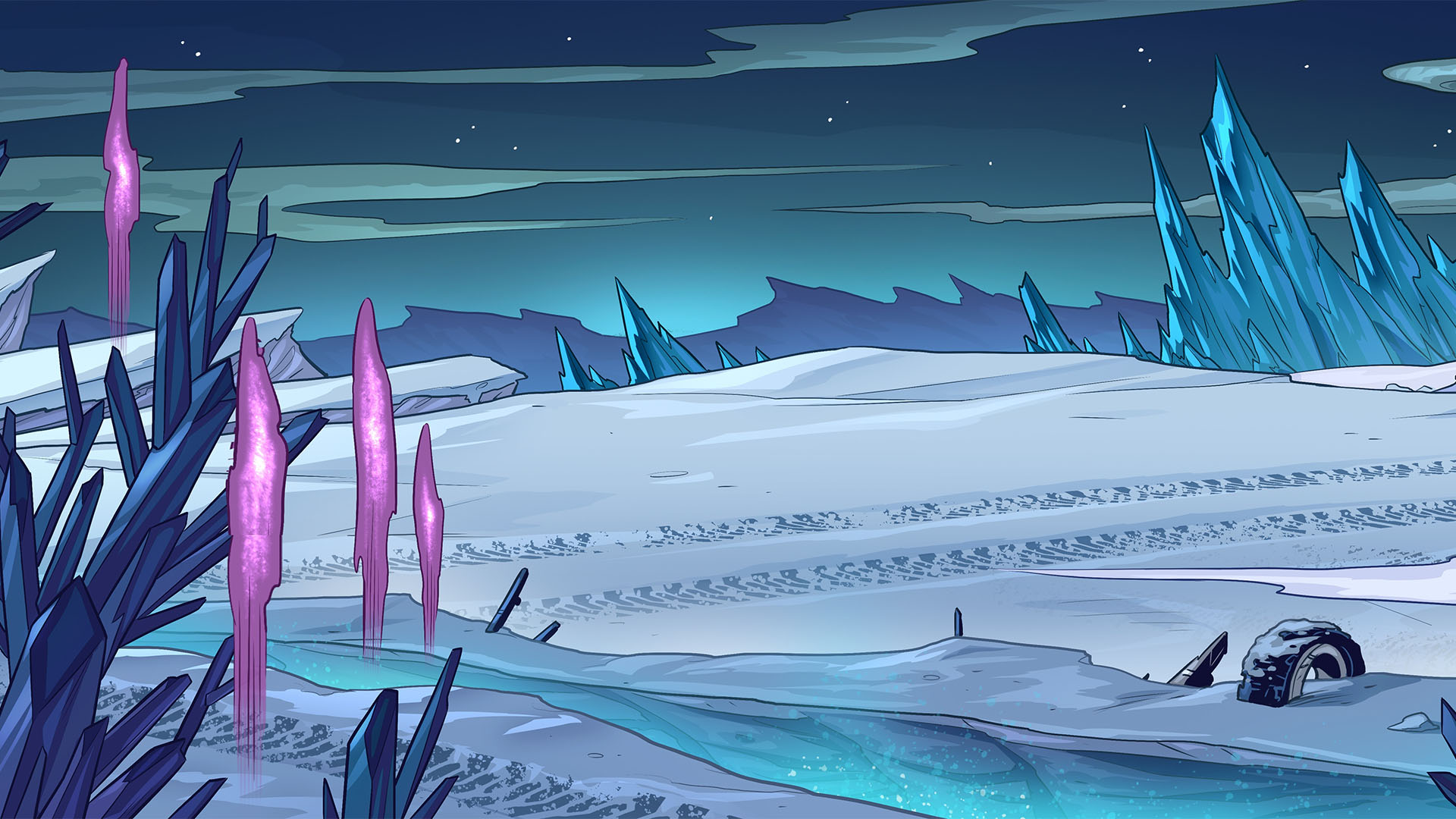 The Pluto background for the BattlePlan! Game. A desolate wasteland with floating purple spirits throughout.