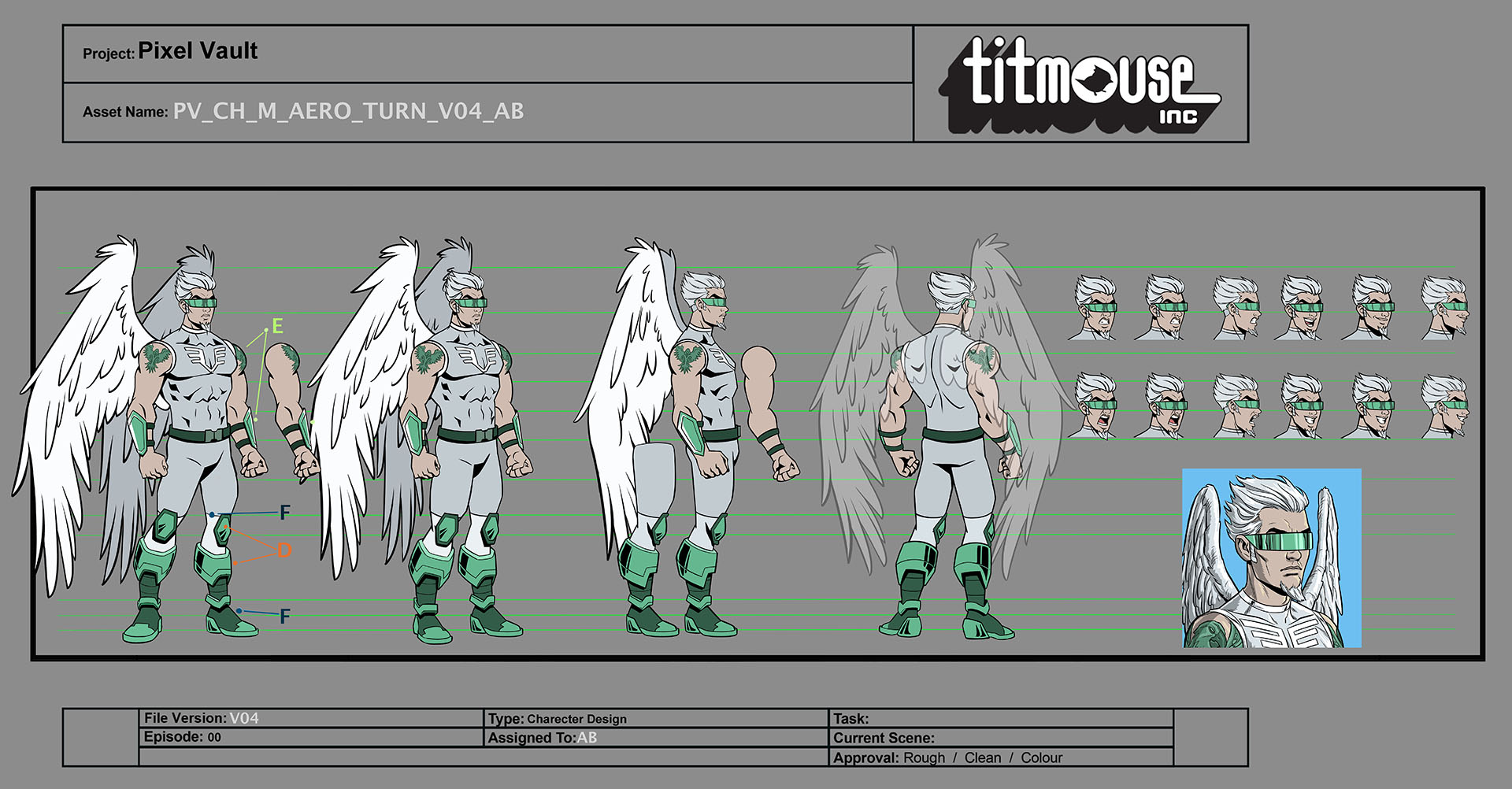 Character turnaround sheet for the Aero character.