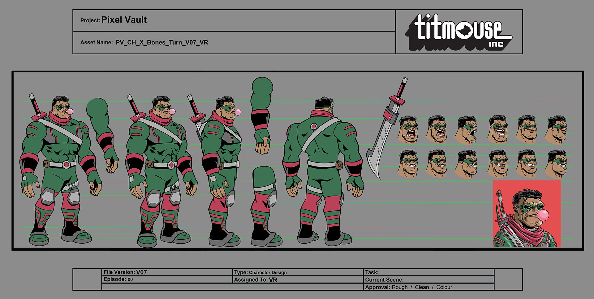 Character turnaround sheet for the Bones character.