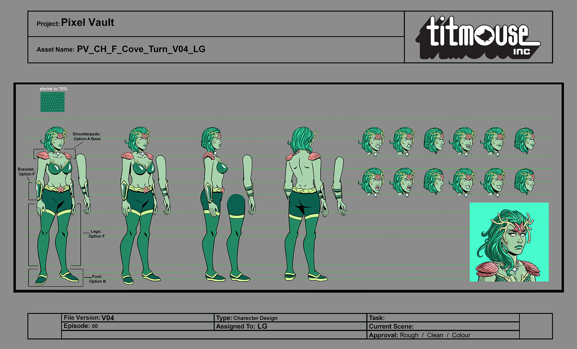 Character turnaround sheet for the Cove character.