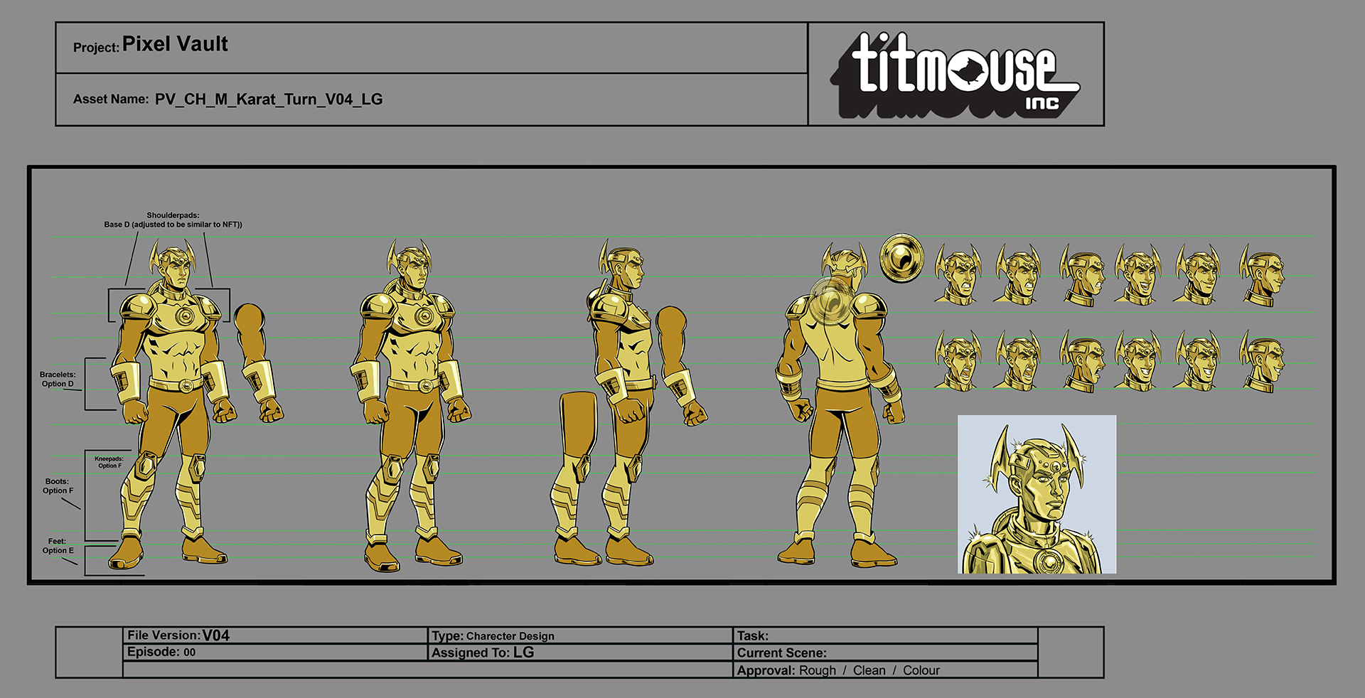 Character turnaround sheet for the Karat character.