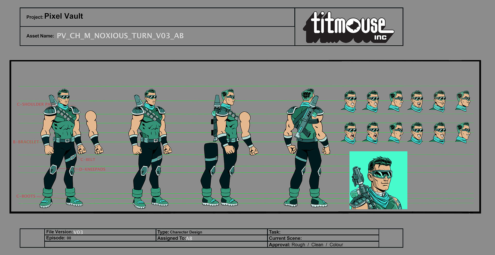 Character turnaround sheet for the Noxious character.