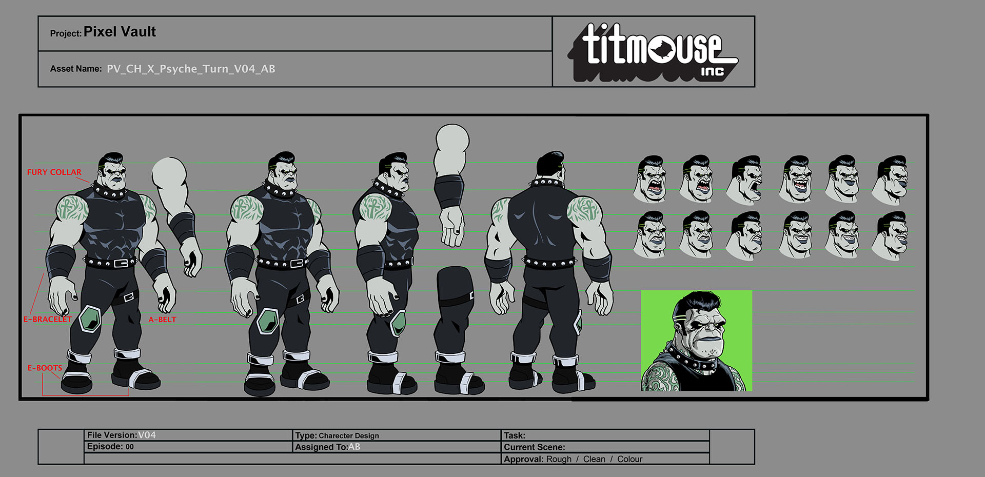 Character turnaround sheet for the Psyche character.