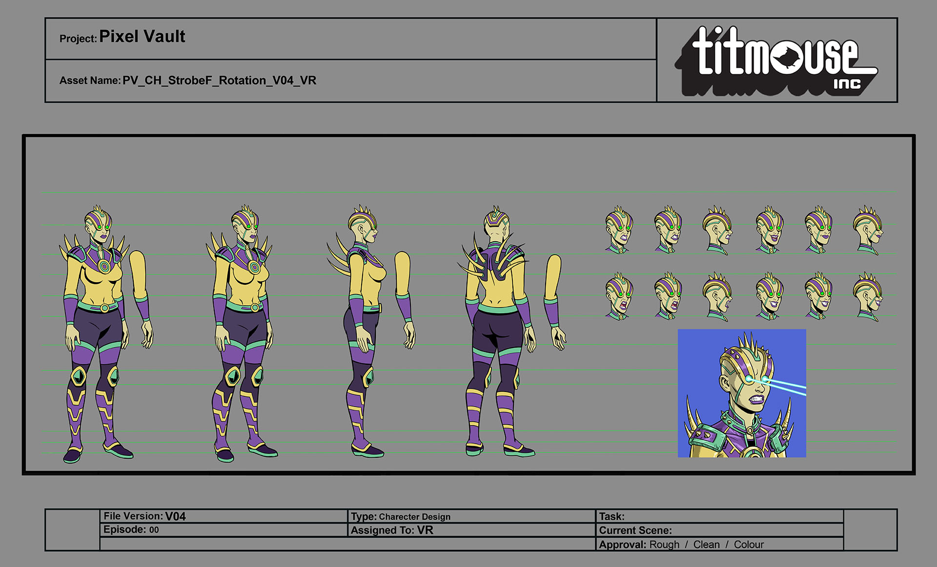 Character turnaround sheet for the Strobe character.