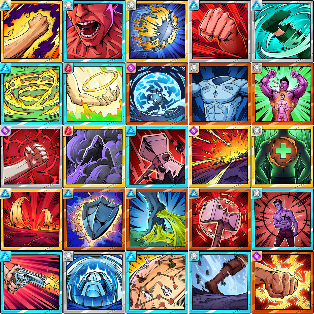 A vibrant grid of skill illustrations from the BattlePlan! Game.