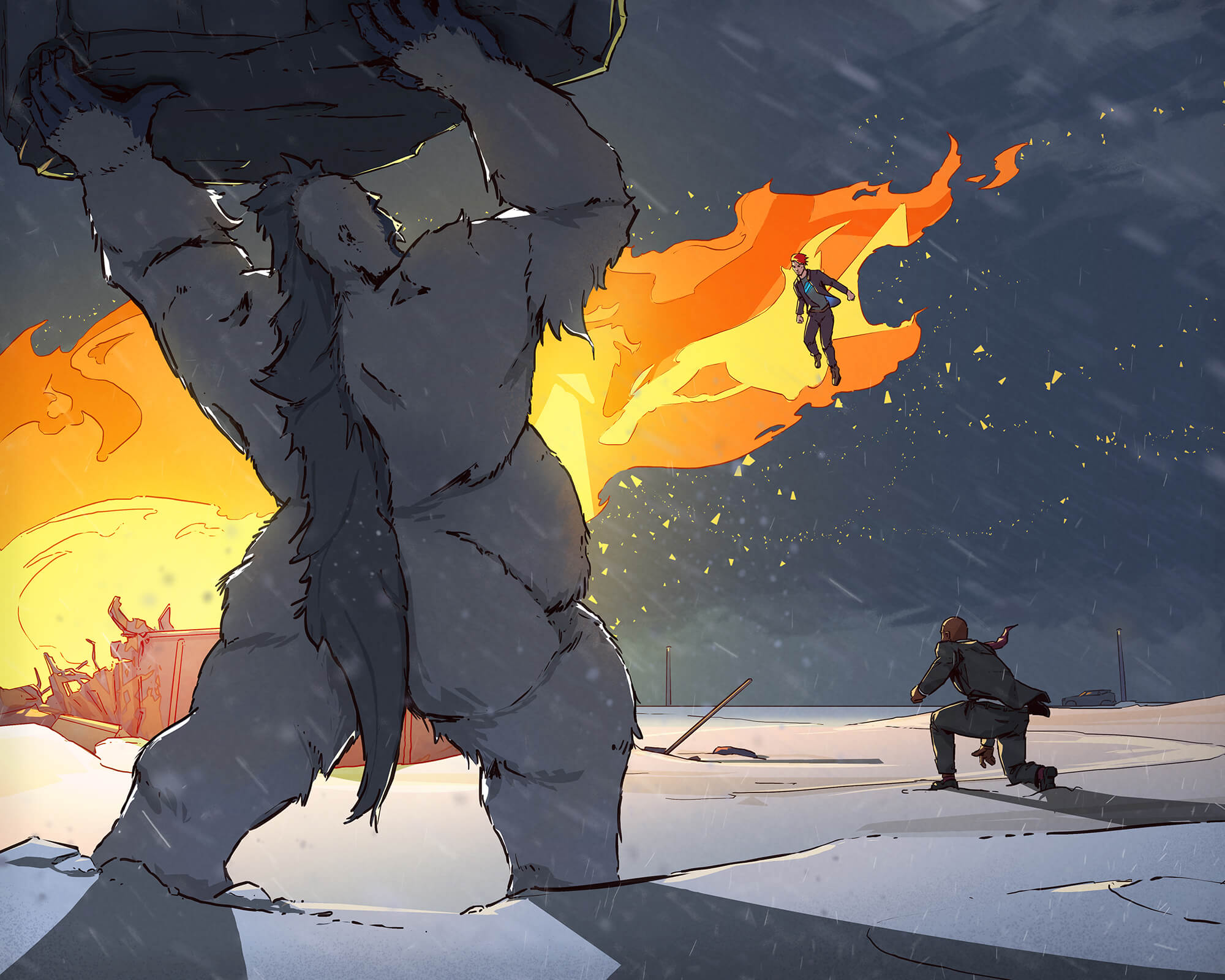 A yeti throws a boulder at a superhero, silhouetted against the flames of a wrecked truck