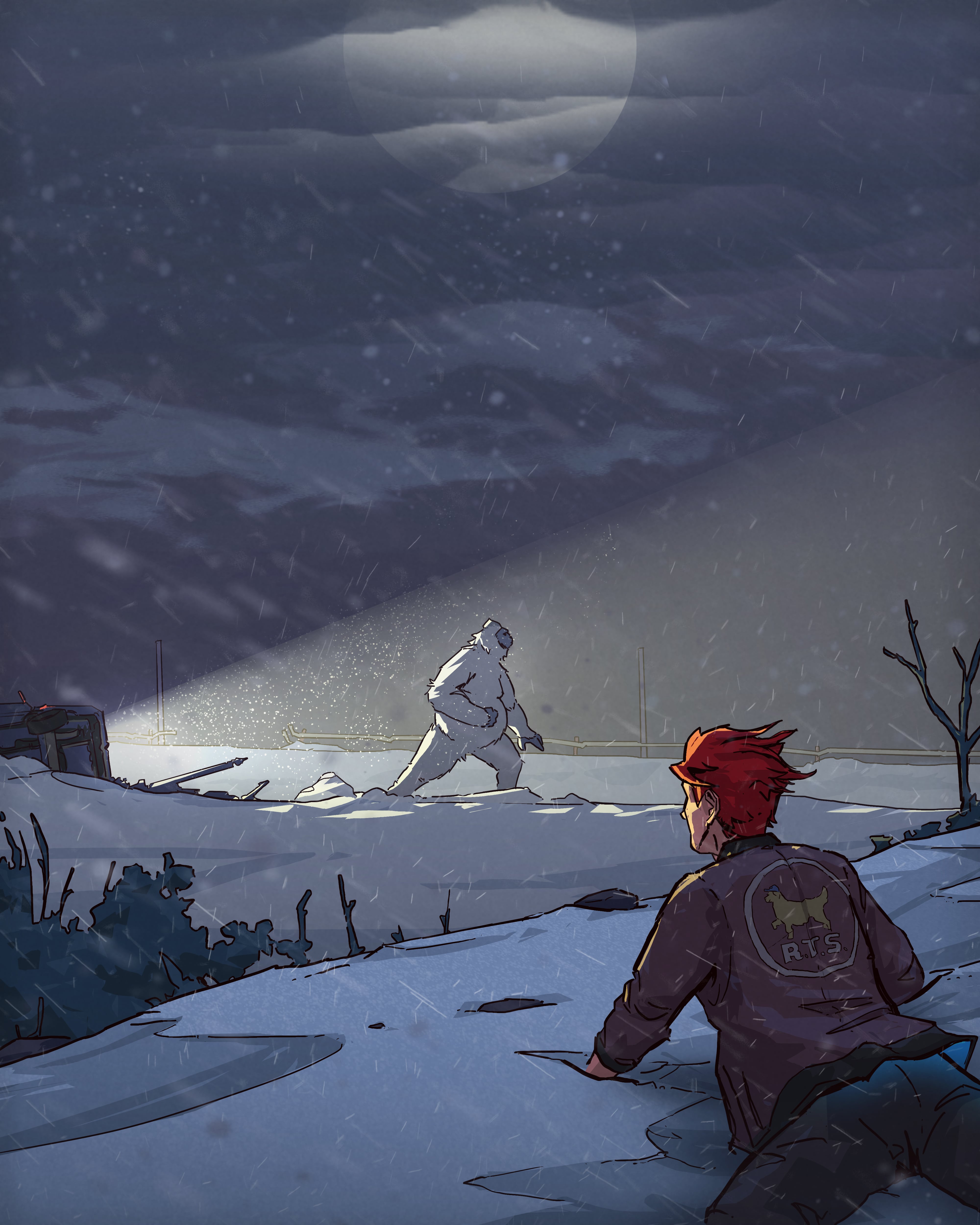 A superhero hides in the snow from a massive yeti creature