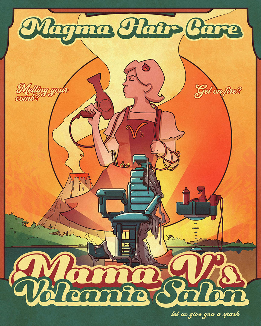 A retro poster advertisement for Mama V's Salon, a fictional hair salon