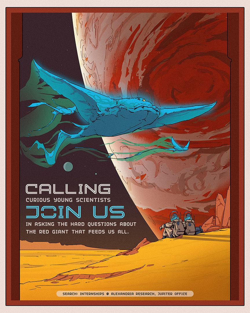 A retro pasteboard style poster from Jupiter, calling young scientists for research