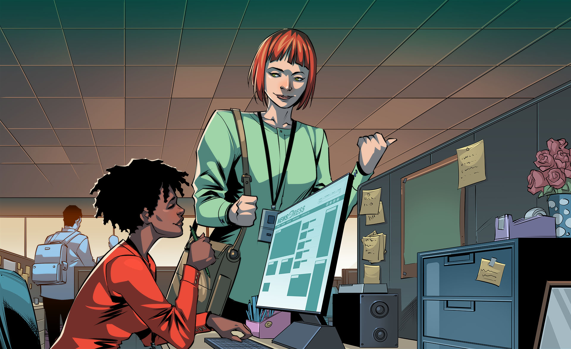 Comic art of two women talking and smiling in an office setting