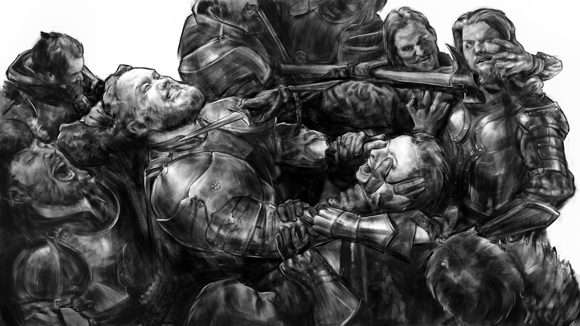 A black and white digital art piece showing a multi-person medieval fight scene